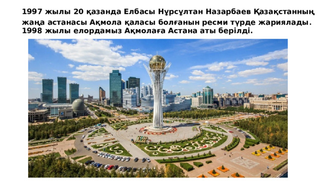 1997 жылы 20 қазанда Елбасы Нұрсұлтан Назарбаев Қазақстанның жаңа астанасы Ақмола қаласы болғанын ресми түрде жариялады . 1998 жылы елордамыз Ақмолаға Астана аты берілді.