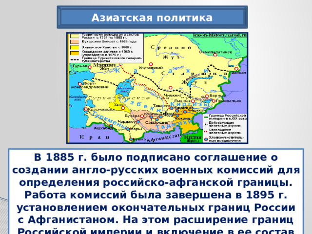 Азиатская политика В 1885 г. было подписано соглашение о создании англо-русских военных комиссий для определения российско-афганской границы. Работа комиссий была завершена в 1895 г. установлением окончательных границ России с Афганистаном. На этом расширение границ Российской империи и включение в ее состав новых земель в Средней Азии закончилось .
