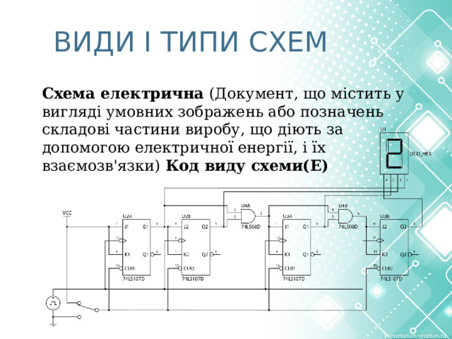 ВИДИ І ТИПИ СХЕМ Схема електрична (Документ, що містить у вигляді умовних зображень або позначень складові частини виробу, що діють за допомогою електричної енергії, і їх взаємозв'язки) Код виду схеми(Е) 3 4