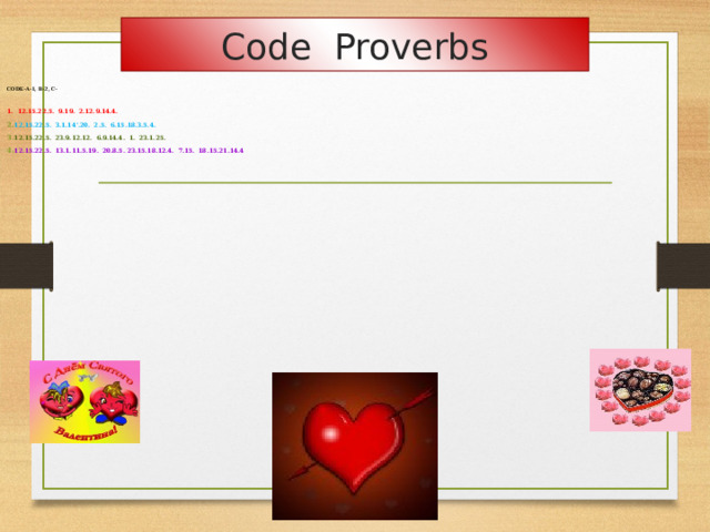 Code Proverbs CODE-A-1, B-2, C-  1. 12.15.22.5.  9.19.  2.12.9.14.4.