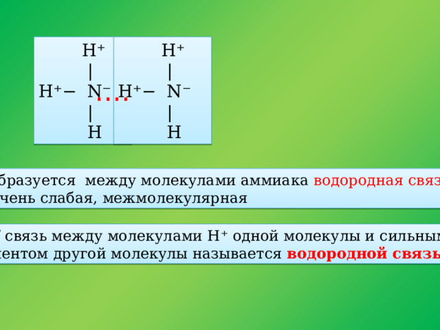 . . Химические свойства аммиака  H⁺  H⁺  |  | H⁺− N⁻ H⁺− N⁻  |  |  H  H  1. реакция окисления ( при обычных условиях)    … . ⁻ ³ ⁺ ⁺⁻ ²  NH₃ + O₂º =  N₂º + Н₂О  -6ē 2 N⁻³ = N₂º Образуется между молекулами аммиака водородная связь,  очень слабая, межмолекулярная Хим/ связь между молекулами Н ⁺ одной молекулы и сильным ЭО элементом другой молекулы называется водородной связью