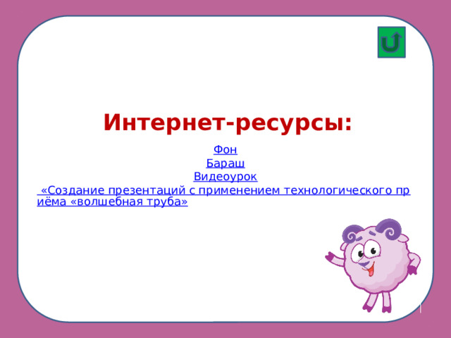 Фон Бараш Видеоурок «Создание презентаций с применением технологического приёма «волшебная труба» Интернет-ресурсы: