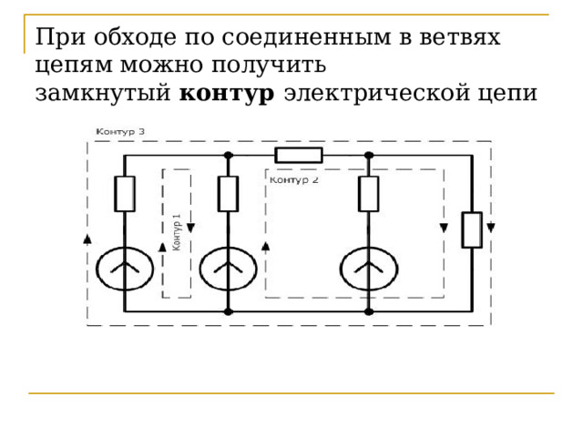 При обходе по соединенным в ветвях цепям можно получить замкнутый  контур электрической цепи