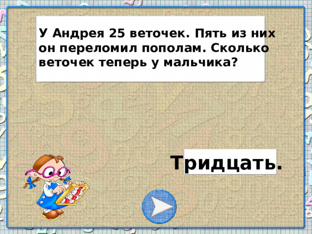 У Андрея 25 веточек. Пять из них он переломил пополам. Сколько веточек теперь у мальчика? Тридцать.