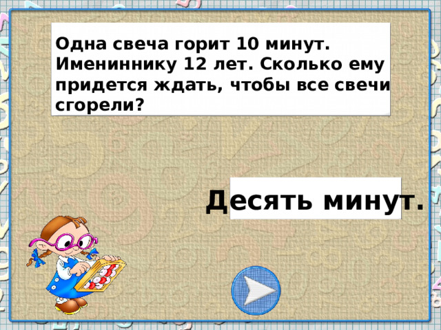 Одна свеча горит 10 минут. Имениннику 12 лет. Сколько ему придется ждать, чтобы все свечи сгорели? Десять минут.