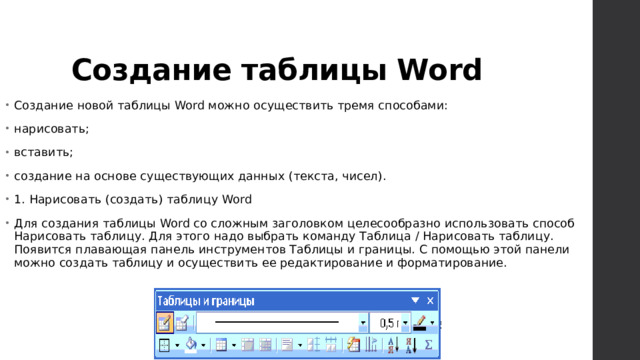 Создание таблицы Word