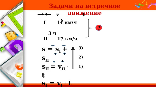 Задачи на встречное движение v t s I 14 км/ч  3 ч II 17 км/ч ? s = s I + s II s II = v II . t s I = v I  . t 3)  2)  1)