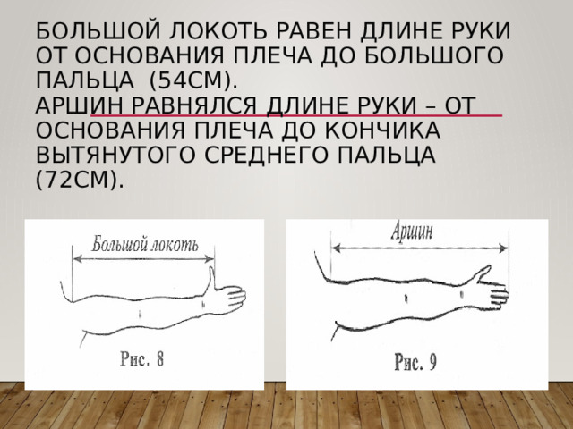 Большой локоть равен длине руки от основания плеча до большого пальца (54см).  Аршин равнялся длине руки – от основания плеча до кончика вытянутого среднего пальца  (72см).