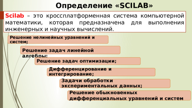 Определение «SCILAB» Scilab – это кроссплатформенная система компьютерной математики, которая предназначена для выполнения инженерных и научных вычислений. Решение нелинейных уравнений и систем; Решение задач линейной алгебры;  Решение задач оптимизации; Дифференцирование и интегрирование; Задачи обработки экспериментальных данных; Решение обыкновенных дифференциальных уравнений и систем
