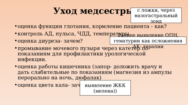 Уход медсестры с ложки, через назогастральный зонд оценка функции глотания, кормление пациента - как? контроль АД, пульса, ЧДД, температуры оценка диуреза- зачем? промывание мочевого пузыря через катетер по показаниям для профилактики урологической инфекции. оценка работы кишечника (запор- доложить врачу и дать слабительные по показаниям (магнезия из ампулы перорально на ночь, дюфалак) оценка цвета кала- зачем? Раннее выявление ОПН, гематурии как осложнения АК- терапии выявление ЖКК (мелена))