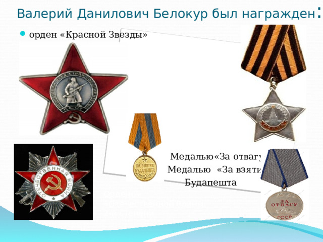 Валерий Данилович Белокур был награжден : орден «Красной Звезды»  Медалью«За отвагу», Медалью «За взятие  Будапешта
