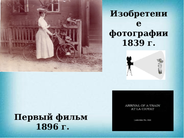 Изобретение фотографии 1839 г. Первый фильм  1896 г.