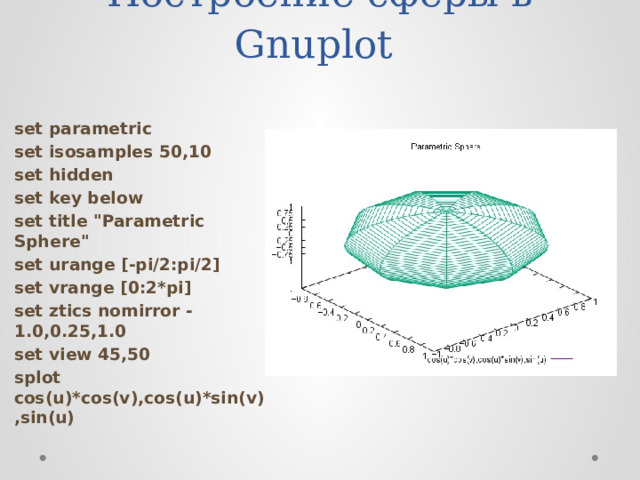 Построение сферы в Gnuplot set parametric set isosamples 50,10 set hidden set key below set title 