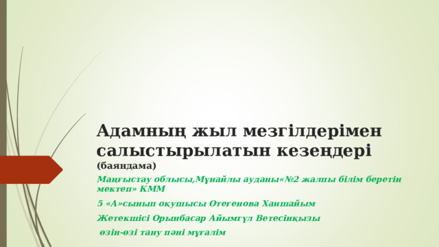 Адамның жыл мезгілдерімен салыстырылатын кезеңдері (баяндама) Маңғыстау облысы,Мұнайлы ауданы«№2 жалпы білім беретін мектеп» КММ 5 «А»сынып оқушысы Отегенова Ханшайым Жетекшісі Орынбасар Айымгүл Ветесінқызы  өзін-өзі тану пәні мұғалім