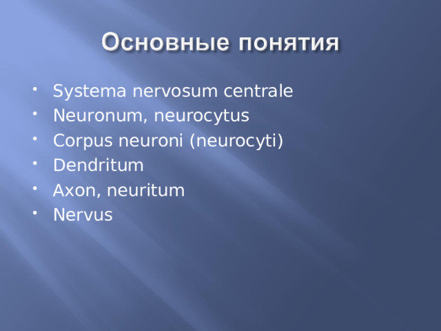 Systema nervosum centrale Neuronum, neurocytus Corpus neuroni (neurocyti) Dendritum Axon, neuritum Nervus