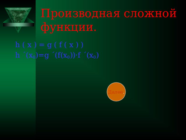 Производная сложной функции. h ( x ) = g ( f ( x ) ) h ΄ (x 0 )=g ΄ (f(x 0 )) ·f ΄ (x 0 ) Далее .