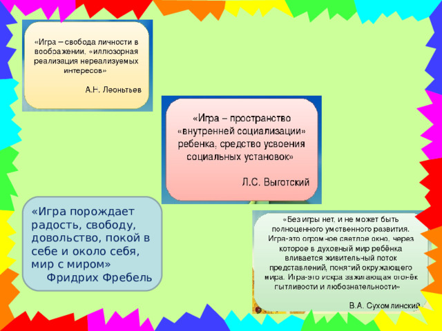 «Игра порождает радость, свободу, довольство, покой в себе и около себя, мир с миром» Фридрих Фребель