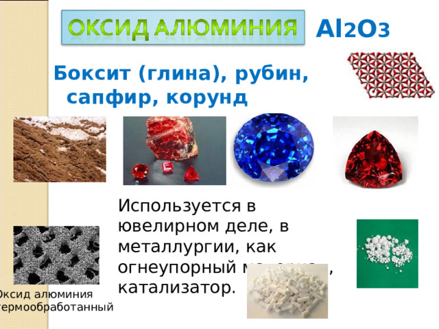 Al 2 O 3 Боксит (глина), рубин, сапфир, корунд Используется в ювелирном деле, в металлургии, как огнеупорный материал, катализатор. Оксид алюминия термообработанный