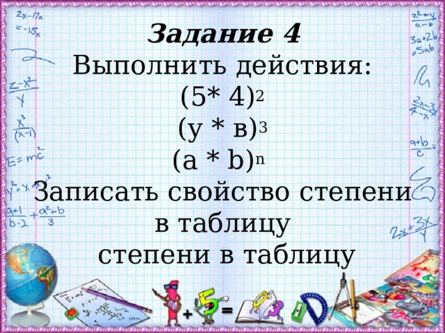 Задание 4  Выполнить действия:  (5* 4) 2  (у * в) 3  (a * b) n   Записать свойство степени в таблицу  степени в таблицу