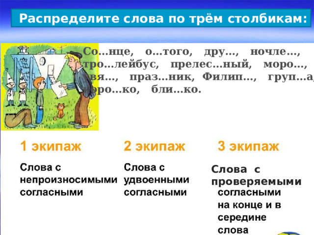 Распределите слова по трём столбикам: Со…нце, о…того, дру…, ночле…, тро…лейбус, прелес…ный, моро…, увя…, праз…ник, Филип…, груп…а, коро…ко, бли…ко. Слова с проверяемыми