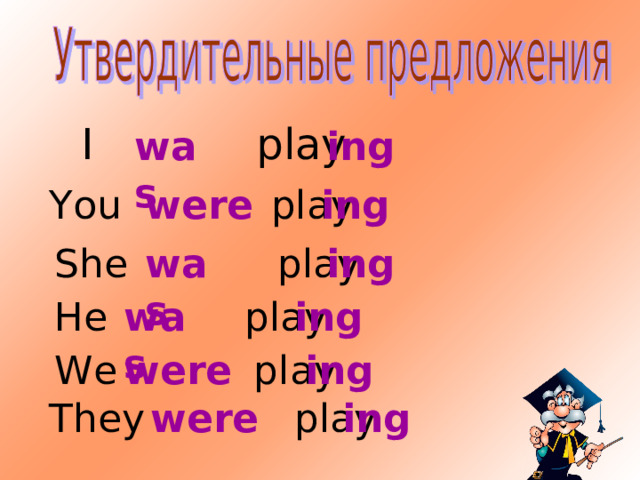 ing was I  play   You play were ing She play was ing was ing He play We play were ing They play were  ing