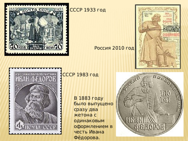 СССР 1933 год Россия 2010 год СССР 1983 год В 1883 году было выпущено сразу два жетона с одинаковым оформлением в честь Ивана Фёдорова.