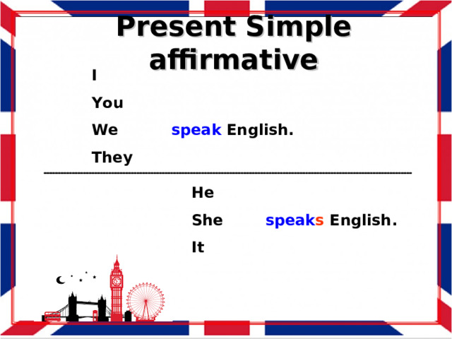 Present Simple affirmative I You We speak English. They He She speak s English. It