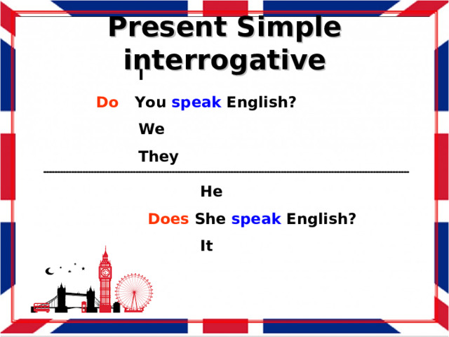 Present Simple interrogative  I  Do You speak English?  We  They  He Does She speak English?  It