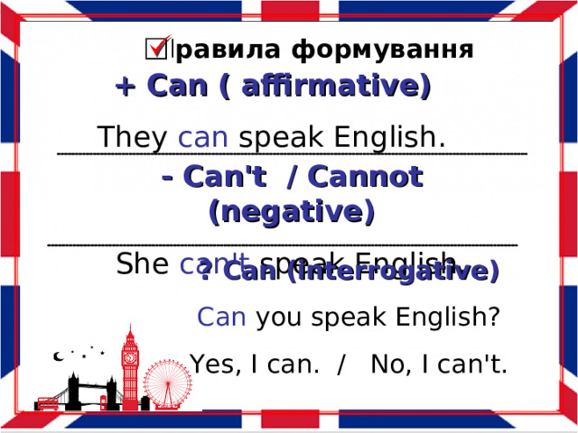 Правила формування + Can ( affirmative) They can speak English. - Can't / Cannot (negative) She can't speak English. ? Can (interrogative) Can you speak English? Yes, I can. / No, I can't.
