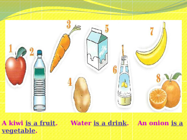 Fruit,  vegetable or drink ? Look and say.    A kiwi is a fruit . Water is a drink . An onion is a vegetable .
