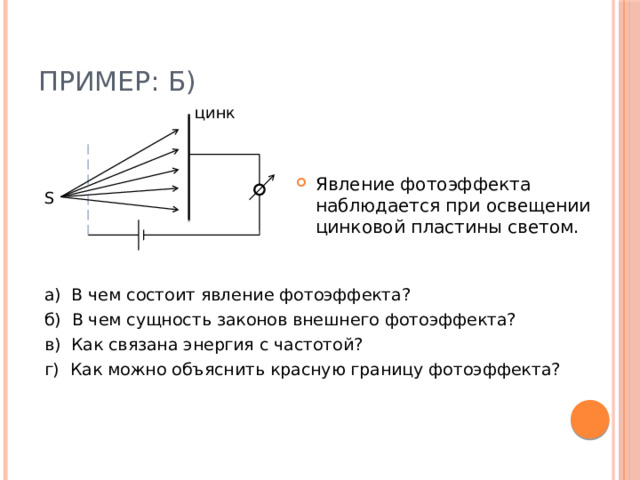 Пример: б) цинк Явление фотоэффекта наблюдается при освещении цинковой пластины светом. S а) В чем состоит явление фотоэффекта? б) В чем сущность законов внешнего фотоэффекта? в) Как связана энергия с частотой? г) Как можно объяснить красную границу фотоэффекта?