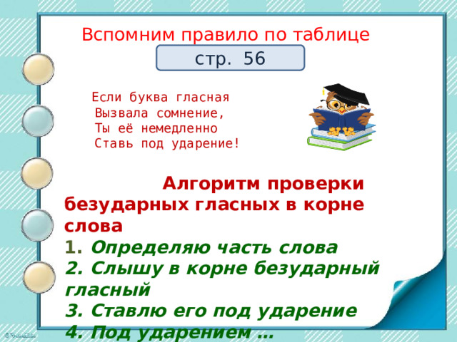 Вспомним правило по таблице     Если буква гласная  Вызвала сомнение,  Ты её немедленно  Ставь под ударение!    Алгоритм проверки  безударных гласных в корне слова  1. Определяю часть слова  2. Слышу в корне безударный гласный  3. Ставлю его под ударение  4. Под ударением …  5. Пишу ту же гласную в корне слова        стр. 56