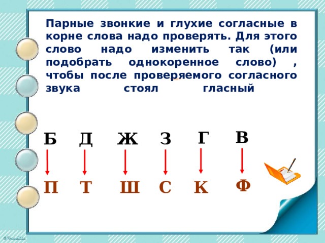 Парные звонкие и глухие согласные в корне слова надо проверять. Для этого слово надо изменить так (или подобрать однокоренное слово) , чтобы после проверяемого согласного звука стоял гласный    ПАРНЫЕ ЗВОНКИЕ И ГЛУХИЕ СОГЛАСНЫЕ  В Г Д Б З Ж Ф Ш С П Т К