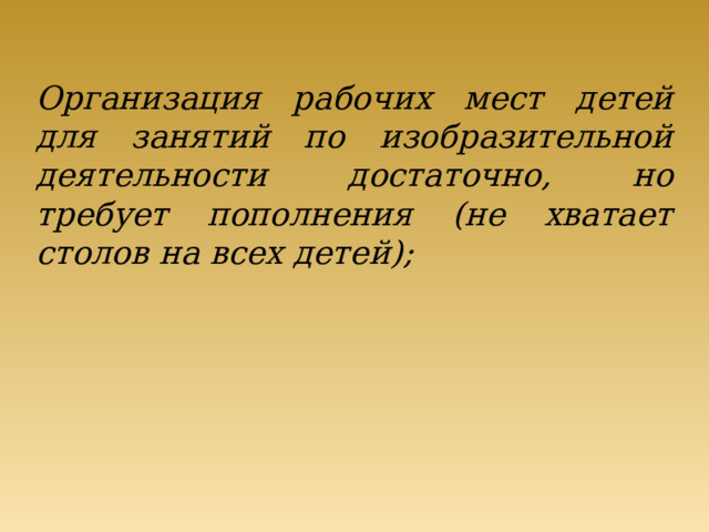 Организация рабочих мест детей для занятий по изобразительной деятельности достаточно, но требует пополнения (не хватает столов на всех детей);