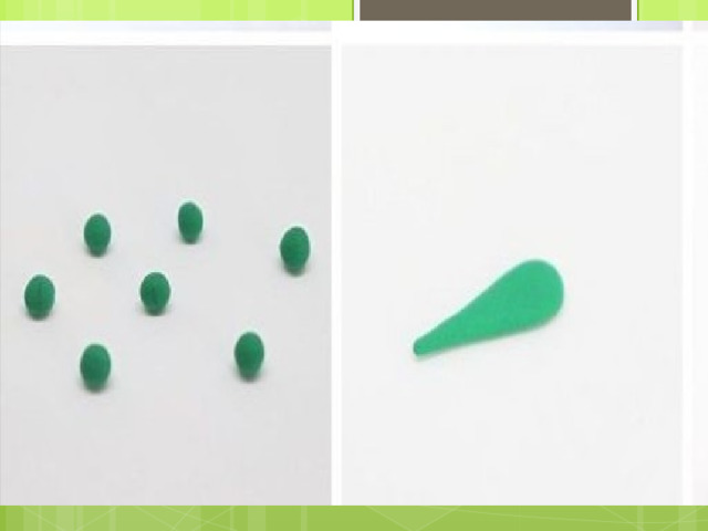 а теперь…… давай сделаем ему зеленый хвостик….. скатаем маленькие шарики …….и растянем их