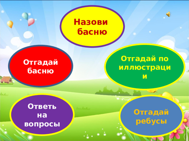 Назови басню Отгадай по иллюстрации Отгадай басню Ответь на вопросы Отгадай ребусы