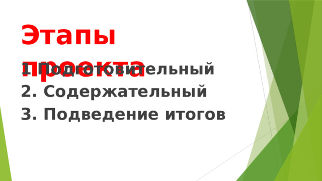 Этапы проекта 1 Подготовительный 2. Содержательный 3. Подведение итогов