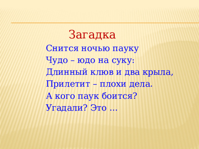 Загадка  Снится ночью пауку  Чудо – юдо на суку:  Длинный клюв и два крыла,  Прилетит – плохи дела.  А кого паук боится?  Угадали? Это …