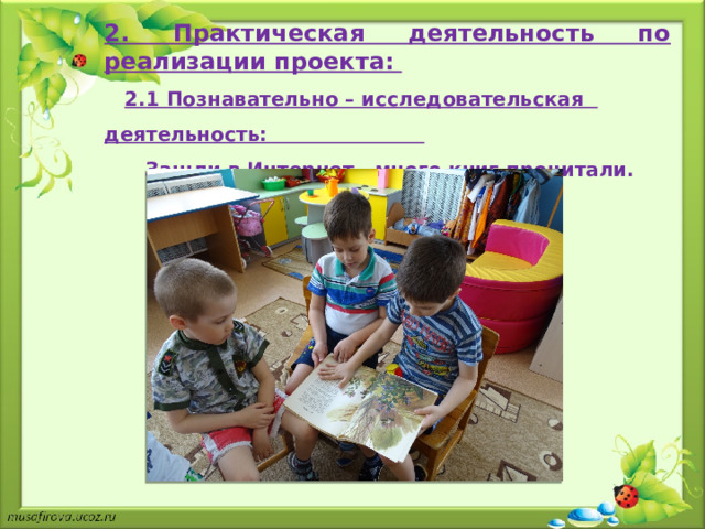 2. Практическая деятельность по реализации проекта:   2.1 Познавательно – исследовательская деятельность:   Зашли в Интернет , много книг прочитали.