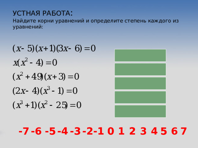 УСТНАЯ РАБОТА :  Найдите корни уравнений и определите степень каждого из уравнений:             -3 2 2 -1 -5 0 -2 -1 1 2 5 -1 -4 0 1 2 3 4 5 6 -7 -6 -5 -3 -2 7 5