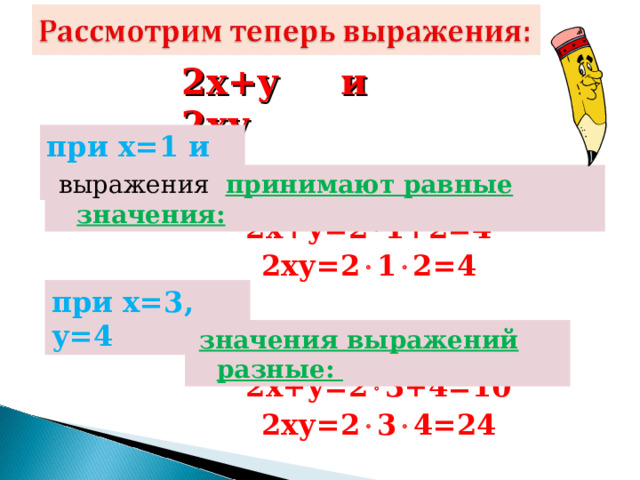 2х+у и 2ху при х=1 и у=2 выражения принимают равные значения: 2х+у=2  1+2=4 2ху=2  1  2=4 при х=3, у=4 значения выражений разные: 2х+у=2  3+4=10 2ху=2  3  4=24