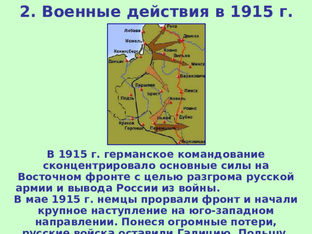 2. Военные действия в 1915 г. В 1915 г. германское командование сконцентрировало основные силы на Восточном фронте с целью разгрома русской армии и вывода России из войны. В мае 1915 г. немцы прорвали фронт и начали крупное наступление на юго-западном направлении. Понеся огромные потери, русские войска оставили Галицию, Польшу, часть Прибалтики, Белоруссии и Украины.