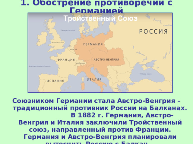 1. Обострение противоречий с Германией Союзником Германии стала Австро-Венгрия – традиционный противник России на Балканах. В 1882 г. Германия, Австро-Венгрия и Италия заключили Тройственный союз, направленный против Франции. Германия и Австро-Венгрия планировали вытеснить Россию с Балкан.