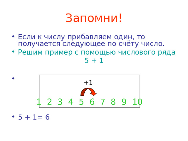 Запомни! Если к числу прибавляем один, то получается следующее по счёту число. Решим пример с помощью числового ряда 5 + 1  1 2 3 4 5 6 7 8 9 10 5 + 1= 6   +1  1 2 3 4 5 6 7 8 9 10