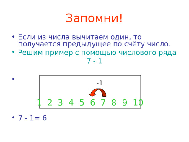Запомни! Если из числа вычитаем один, то получается предыдущее по счёту число. Решим пример с помощью числового ряда 7 - 1  1 2 3 4 5 6 7 8 9 10 7 - 1= 6    -1  1 2 3 4 5 6 7 8 9 10