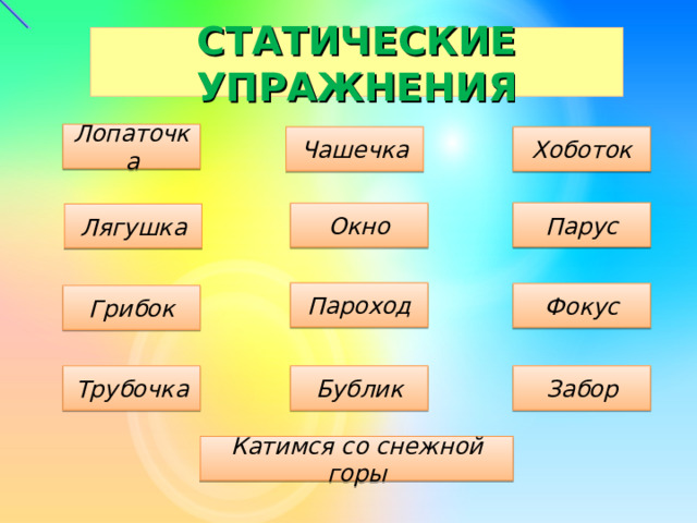 СТАТИЧЕСКИЕ УПРАЖНЕНИЯ Лопаточка Чашечка Хоботок Парус Окно Лягушка Пароход Фокус Грибок Бублик Трубочка Забор Катимся со снежной горы