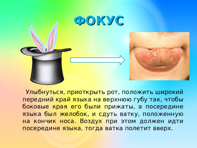 ФОКУС  Улыбнуться, приоткрыть рот, положить широкий передний край языка на верхнюю губу так, чтобы боковые края его были прижаты, а посередине языка был желобок, и сдуть ватку, положенную на кончик носа. Воздух при этом должен идти посередине языка, тогда ватка полетит вверх.