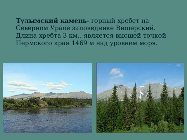 Тулымский камень - горный хребет на Северном Урале заповеднике Вишерский. Длина хребта 3 км., является высшей точкой Пермского края 1469 м над уровнем моря.