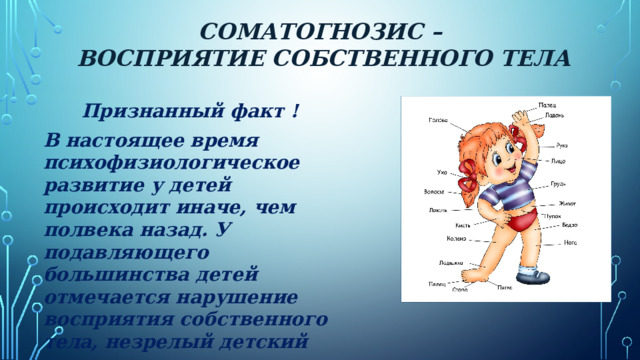 Соматогнозис –  Восприятие собственного тела Признанный факт ! В настоящее время психофизиологическое развитие у детей происходит иначе, чем полвека назад. У подавляющего большинства детей отмечается нарушение восприятия собственного тела, незрелый детский соматогнозис.