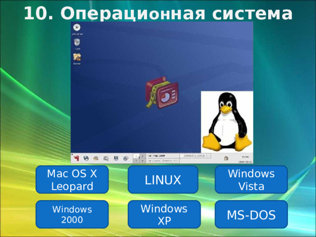 10 . Операци он ная система LINUX Mac OS X Leopard Windows Vista Windows 2000 Windows XP MS-DOS